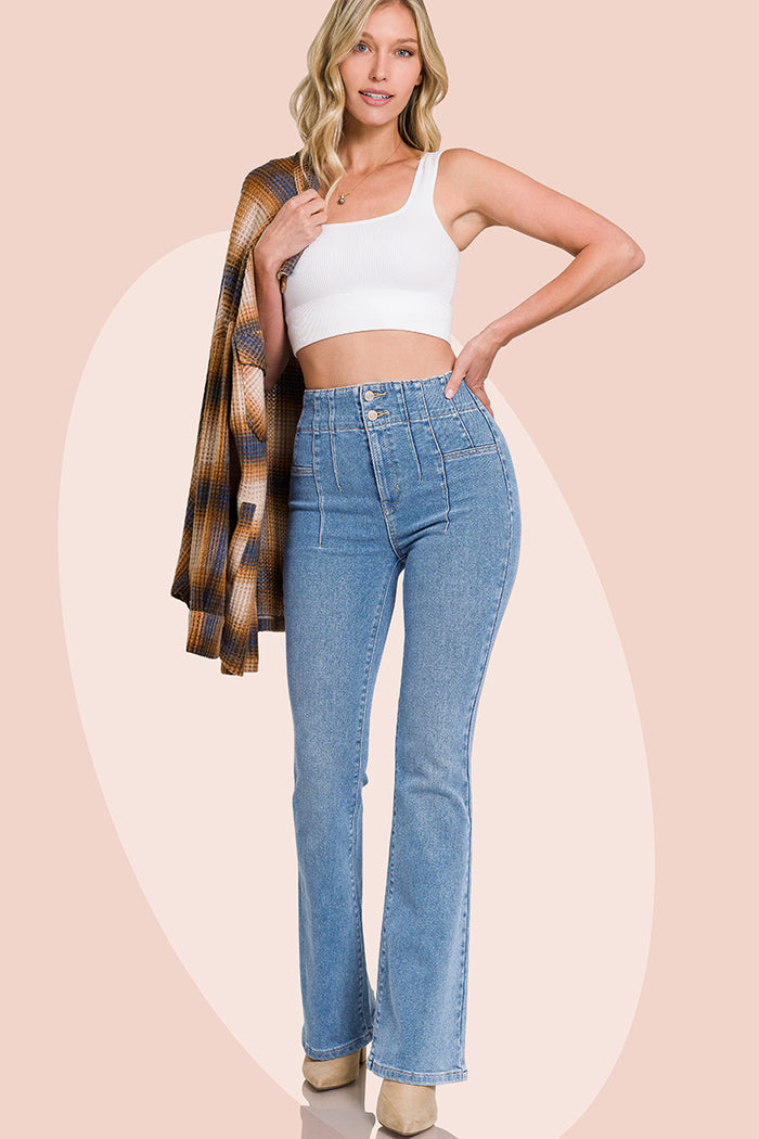 Pintuck Detailed Waist Flare Denim Pants