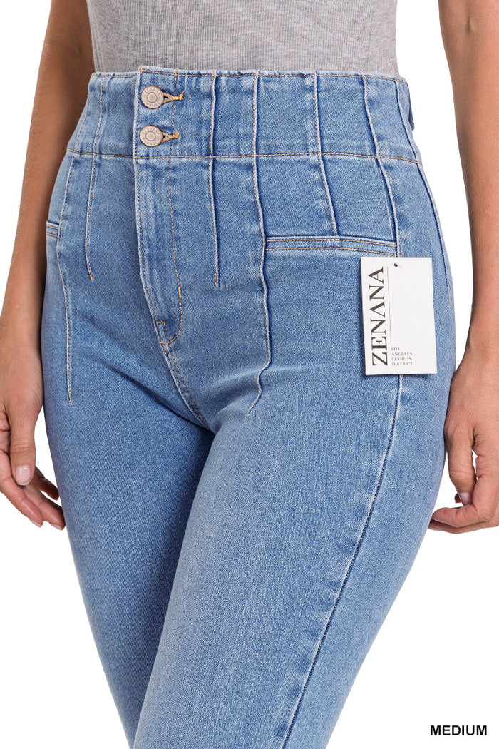 Pintuck Detailed Waist Flare Denim Pants