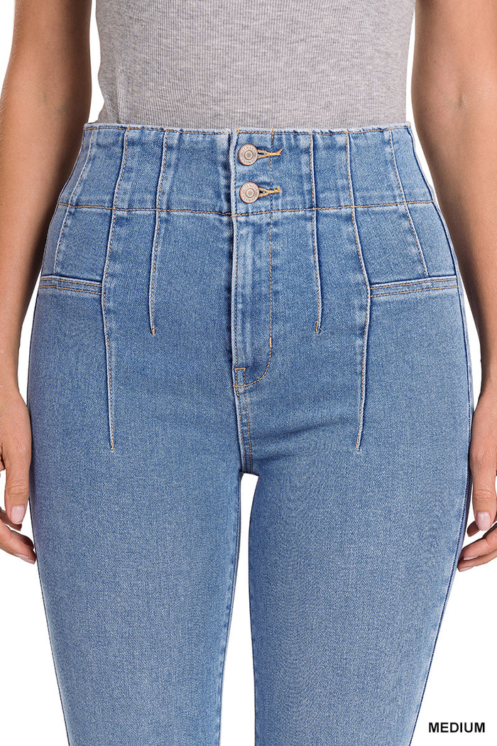 Pintuck Detailed Waist Flare Denim Pants