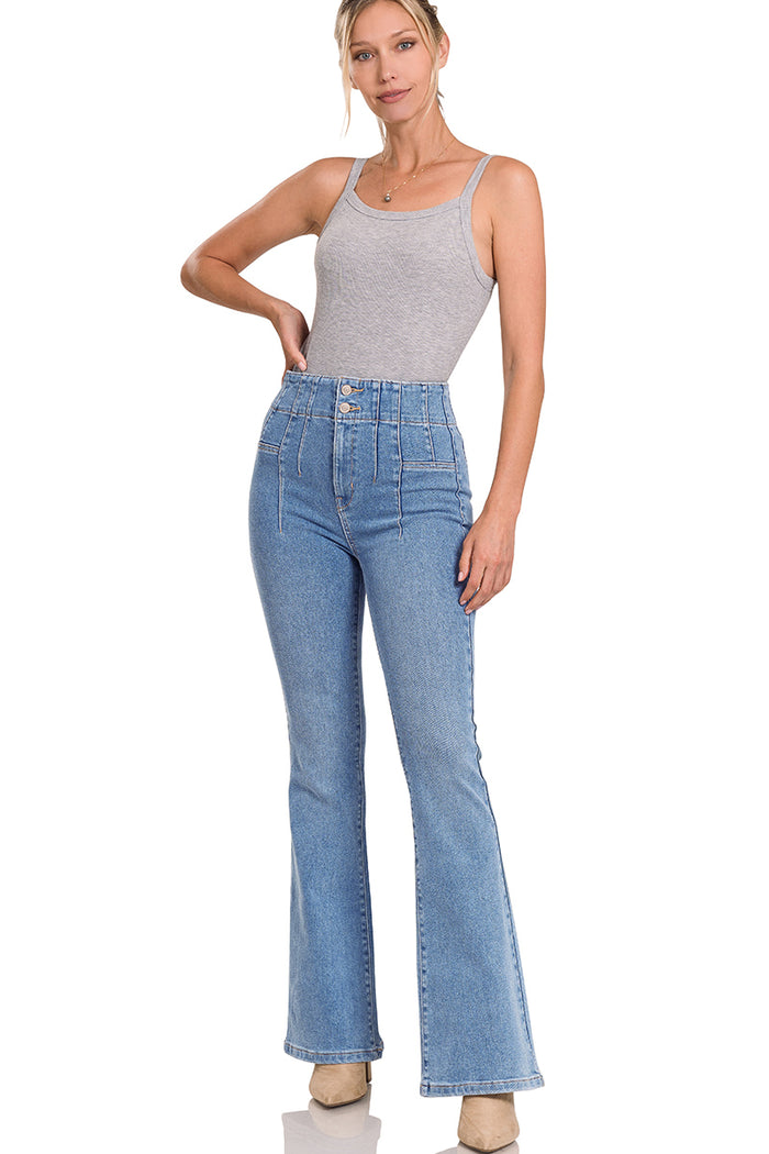 Pintuck Detailed Waist Flare Denim Pants