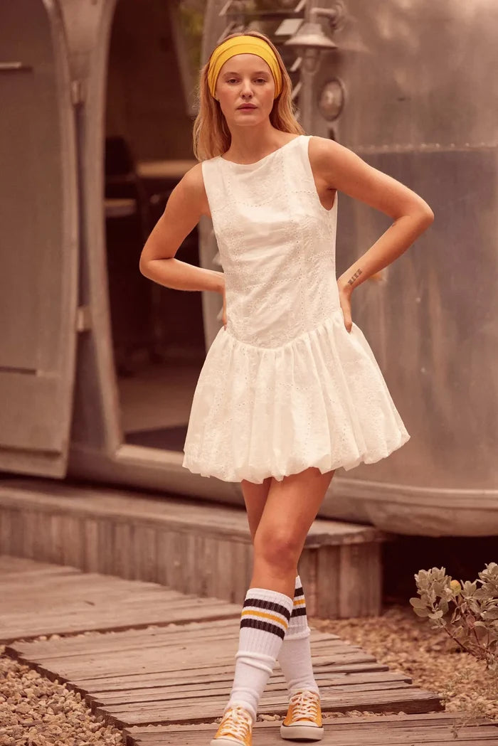Pure Love Eyelet Lace Boatneck Bubble Mini Dress - ShopPromesa