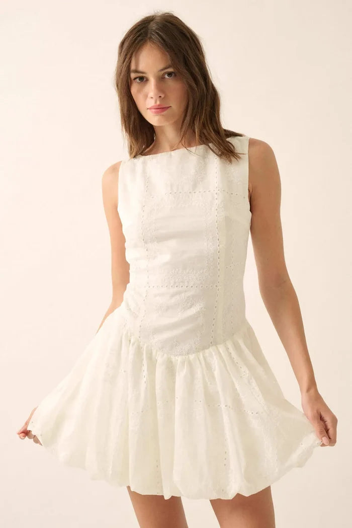 Pure Love Eyelet Lace Boatneck Bubble Mini Dress - ShopPromesa