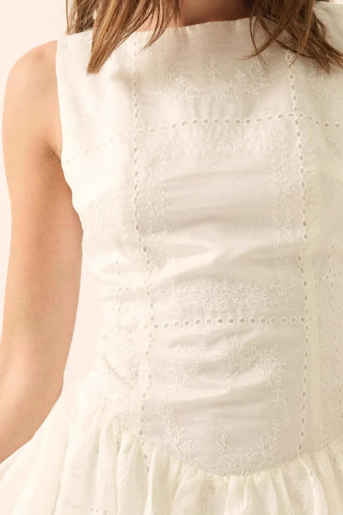 Pure Love Eyelet Lace Boatneck Bubble Mini Dress - ShopPromesa
