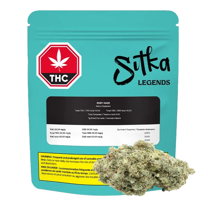 Front view of a teal Sitka Legends Ruby Haze pouch standing upright with a black label and a close-up of a light green cannabis bud at the lower right.