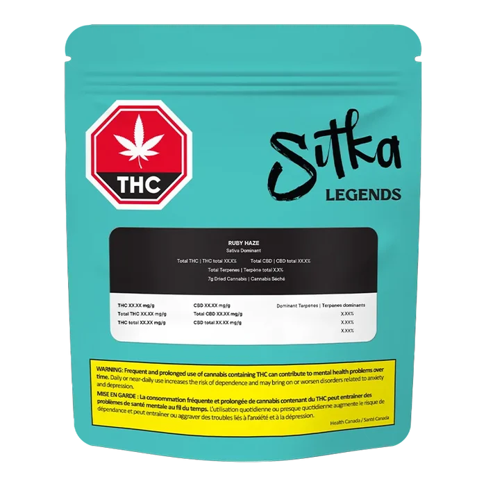 Front-facing pack shot of the teal Sitka Legends Ruby Haze pouch with a THC warning badge and black label centered on the front