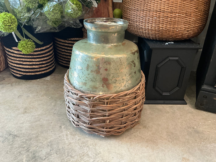 Sage Mercury Glass Vase with Woven Basket 15"