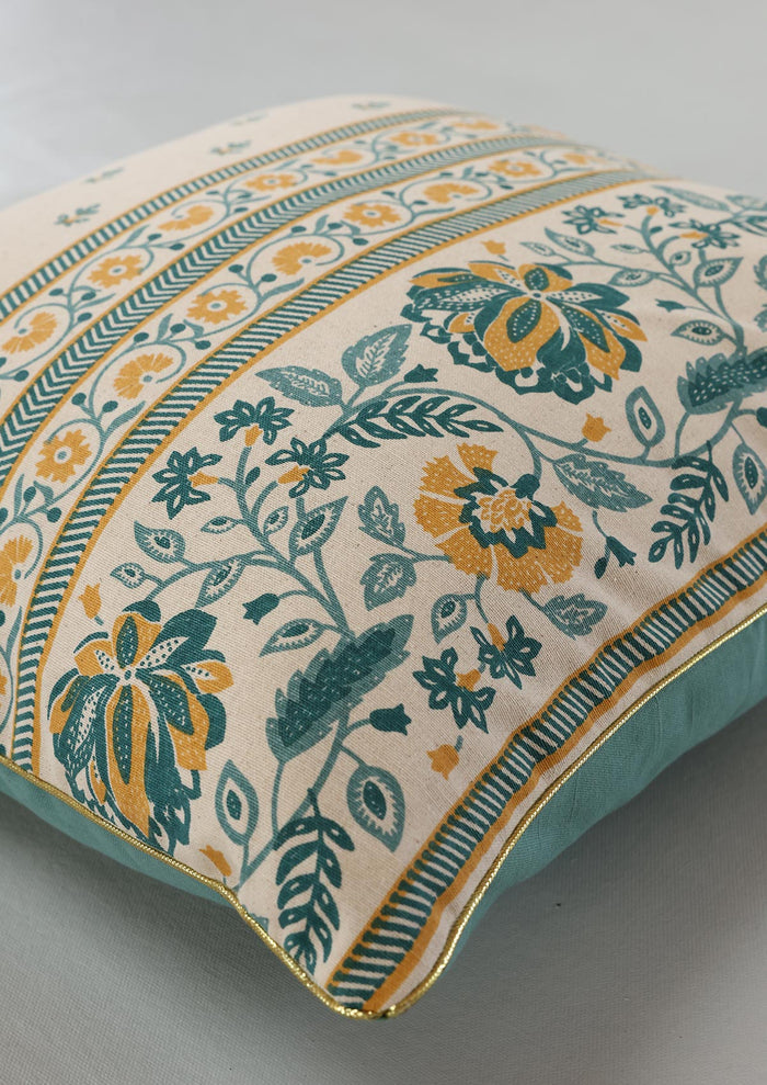 Siri Teal | Printed Floral | 100% Cotton Cushion Cover For Sofa