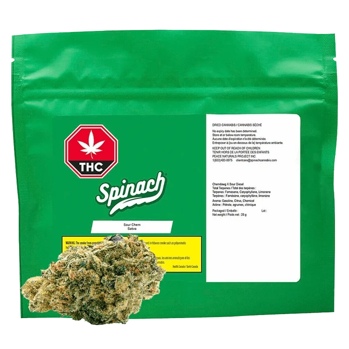 Front view of the Spinach Sour Chem package with bold lettering and graphics, displaying cannabis warnings in French and English.