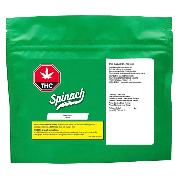 Front view of the Spinach Sour Chem package, displaying a green logo against a vibrant, colorful background.