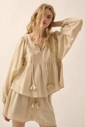 Spring Breeze Pinstripe Babydoll Peasant Top - ShopPromesa