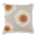Tan Linen Pillow with Embroidered Sunflowers