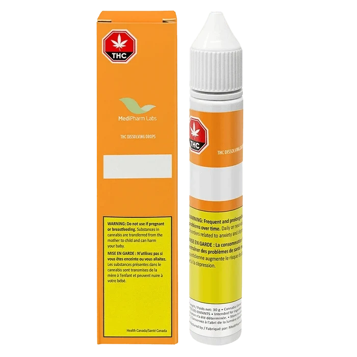 Front view of the THC Dissolving Drops packaging with warning text in French and English, highlighting a white label on a dark background.