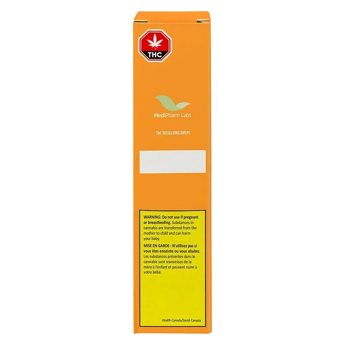 Front view of THC Dissolving Drops packaging with a yellow background and black text warning.