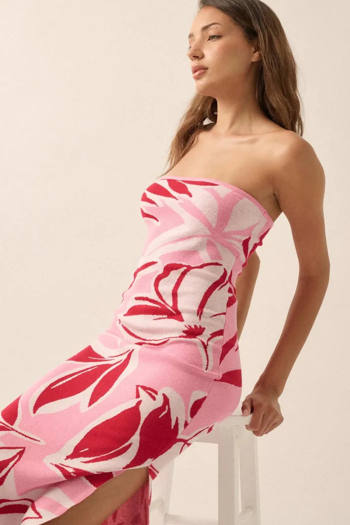 Tropical Chill Floral Strapless Maxi Sweater Dress - ShopPromesa