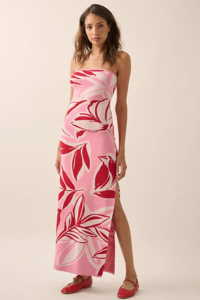 Tropical Chill Floral Strapless Maxi Sweater Dress - ShopPromesa