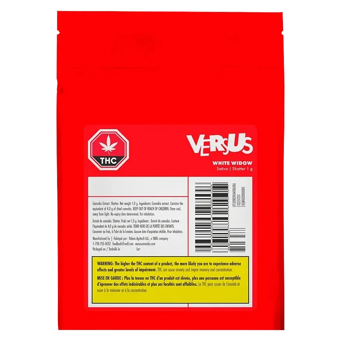 Close-up of the Versus White Widow Shatter package against a black background, displaying brand details and ingredient information.