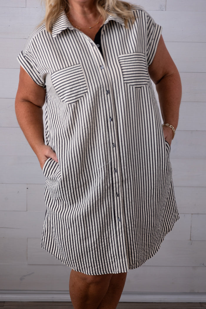 Woven Striped Button Down Shirt Mini Dress with Pockets Black