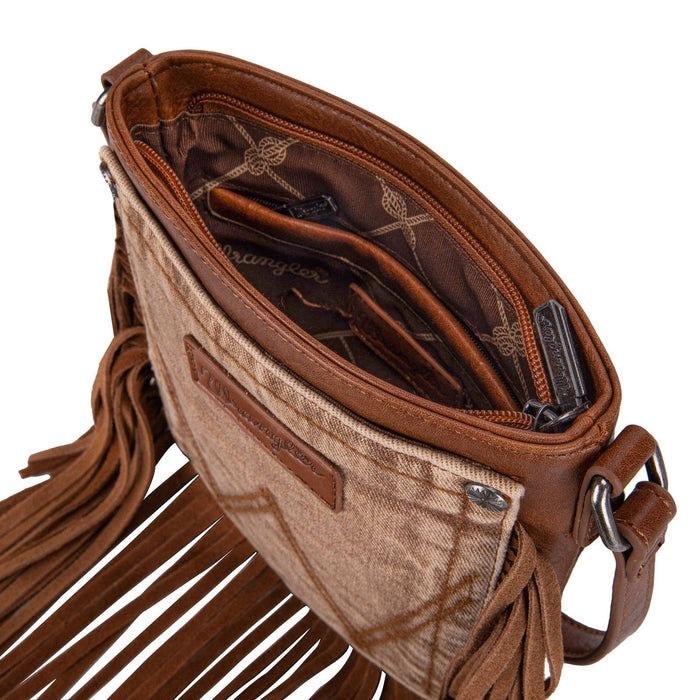 Wrangler Leather Fringe Jean Denim Pocket Crossbody