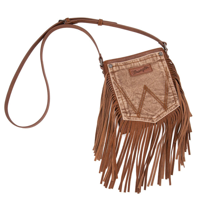 Wrangler Leather Fringe Jean Denim Pocket Crossbody