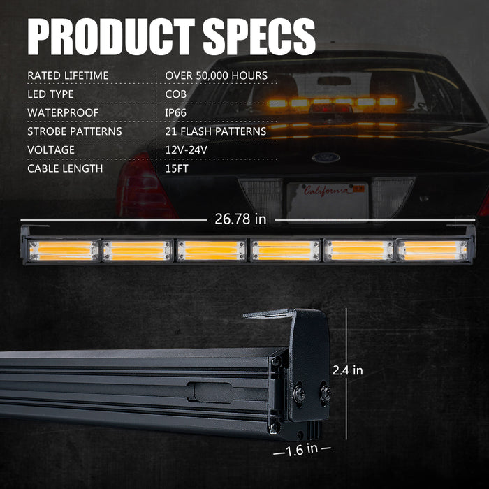 Xprite 27" G2 Vigilante Series 30W Traffic Advisor COB LED Strobe Light Bar with Suction Cup Brackets