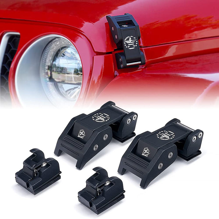 Set of black car accessories on a white background with a red car in the background