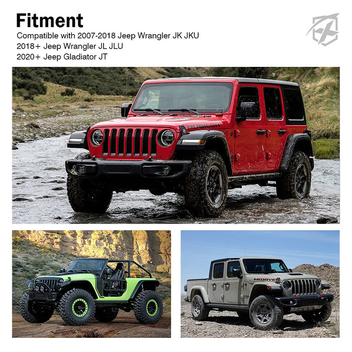 Red Jeep Wrangler in a natural setting with other Jeep models shown below.