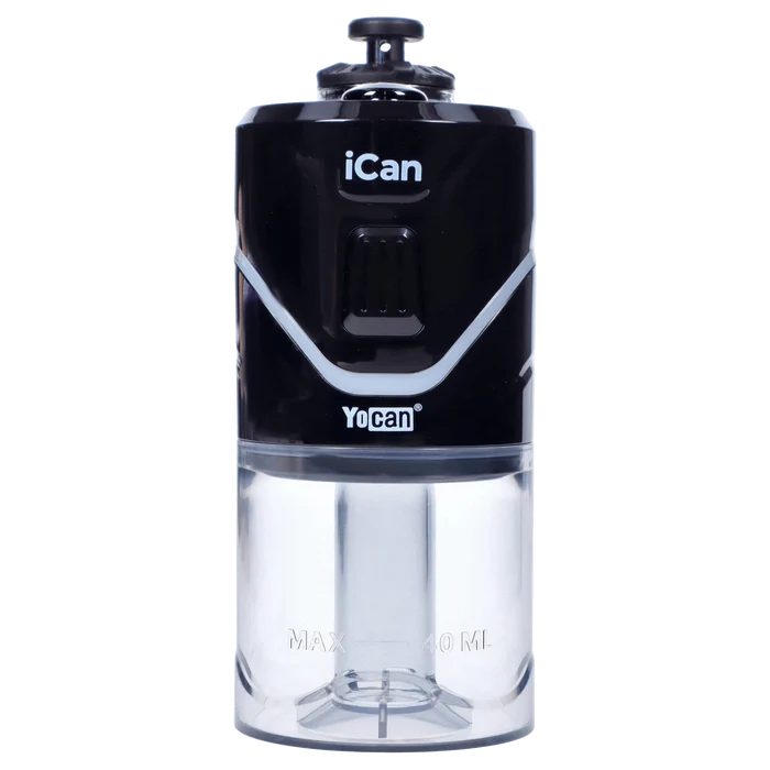 Front view of the black Yocan iCan Kit, showing the device’s sleek, cylindrical shape against a plain white background.