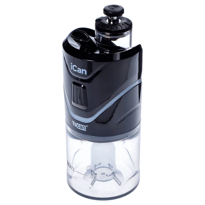 A front view of the black Yocan iCan Kit, showcasing its sleek, cylindrical design with a prominent top button.