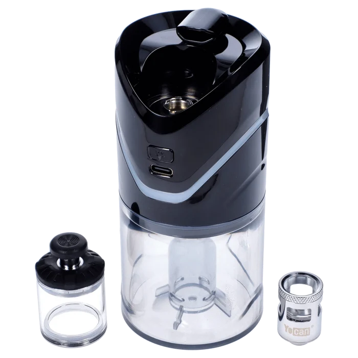 Front view of the black Yocan iCan Kit, showing the clear tank and separate mouthpiece component beside it.