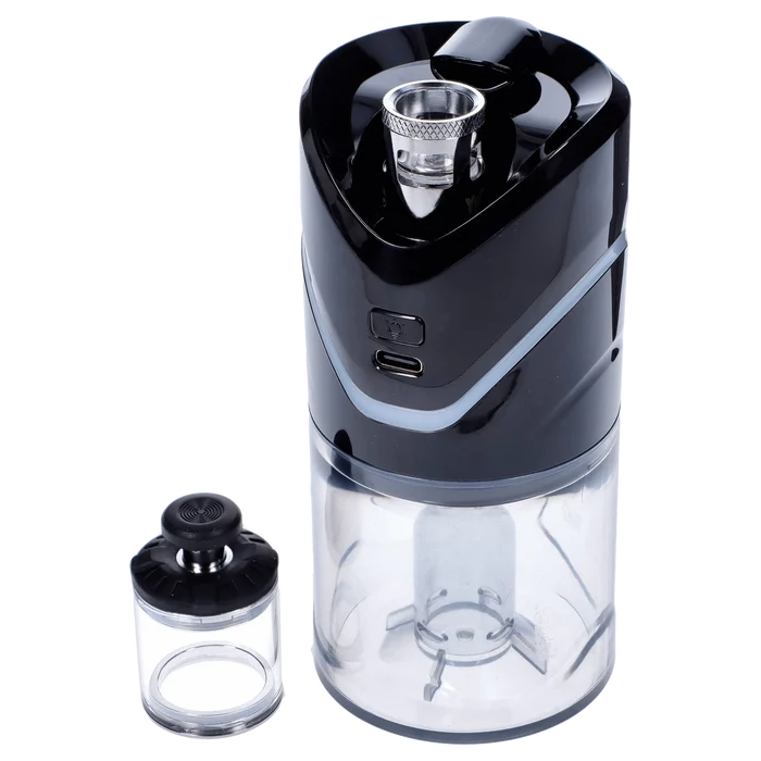 Front view of the black Yocan iCan Kit, showing its clear, cylindrical tank and sleek, minimalist design.