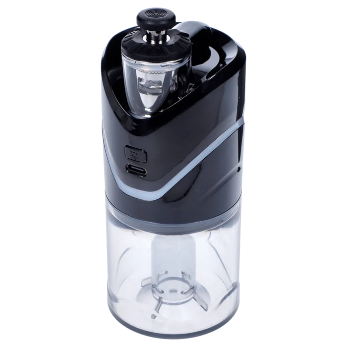 Front view of the black Yocan iCan Kit, showing its sleek, cylindrical shape and transparent reservoir.