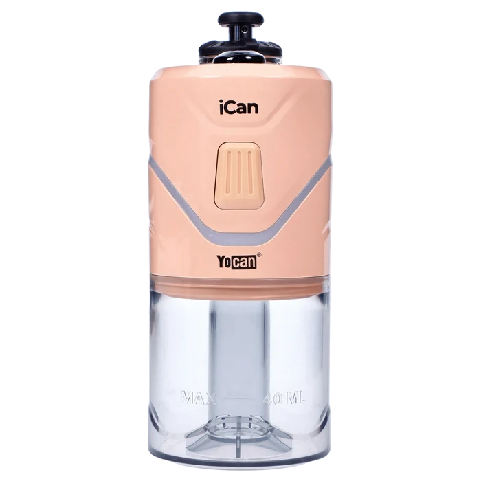 Front view of the peach-colored Yocan iCan Kit, showcasing its sleek, cylindrical shape and minimalist design.