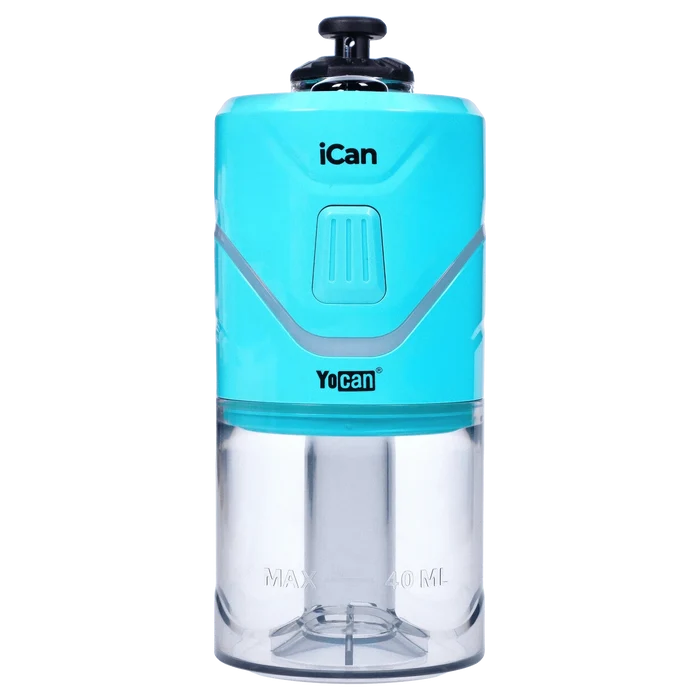 Front view of the teal Yocan iCan Kit, showing its cylindrical form and clear upper section with visible internal components.