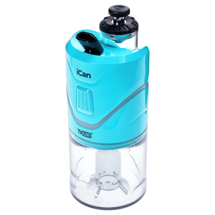 Front view of the teal Yocan iCan Kit, showcasing its sleek, cylindrical shape and minimalist design against a plain white background.