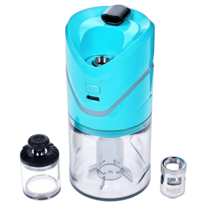Front view of the teal Yocan iCan Kit, showcasing the clear glass chamber and black mouthpiece against a plain white background.