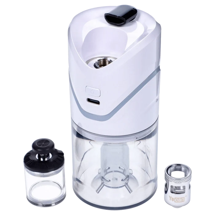 Front view of the white Yocan iCan Kit, showcasing the clear glass tank and detachable mouthpiece against a plain background.