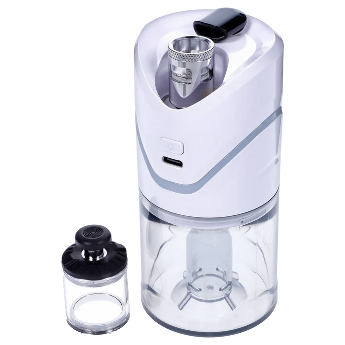 Front view of the white Yocan iCan Kit, showing its clear glass tank and sleek, compact design.