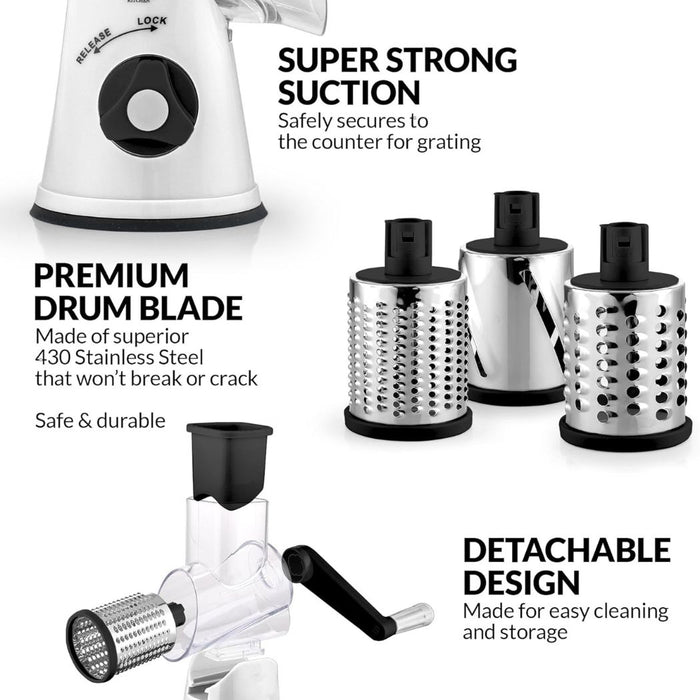 Zulay Kitchen Rotary Cheese Grater with 3 Interchangeable Drums: White