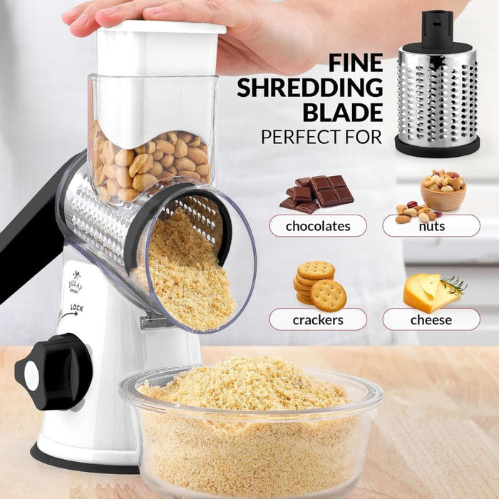 Zulay Kitchen Rotary Cheese Grater with 3 Interchangeable Drums: White
